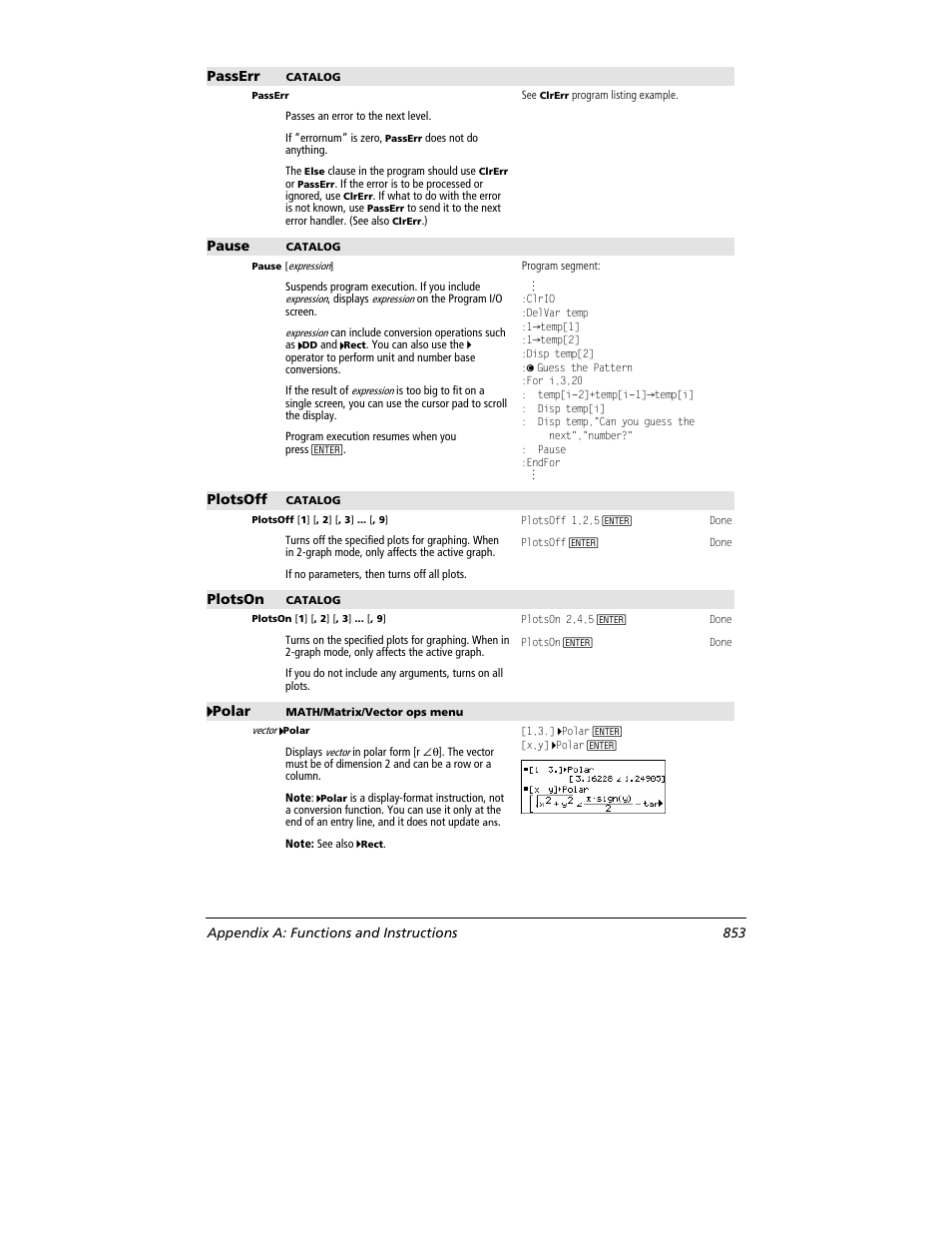 Passerr, Pause, Plotsoff | Plotson, 4444 polar, Appendix a: functions and instructions 853 | Texas Instruments TITANIUM TI-89 User Manual | Page 853 / 1008