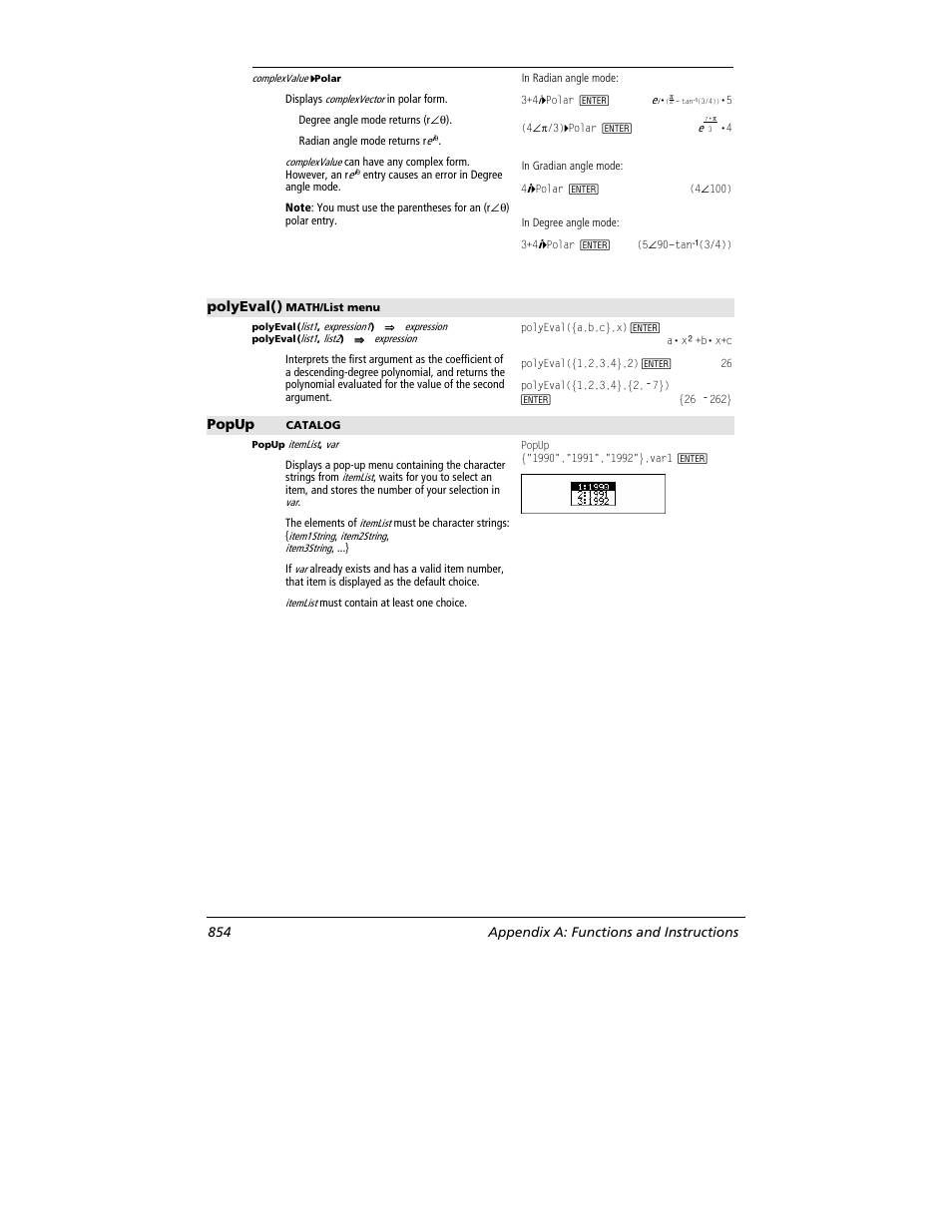 Polyeval(), Popup, 854 appendix a: functions and instructions | Texas Instruments TITANIUM TI-89 User Manual | Page 854 / 1008