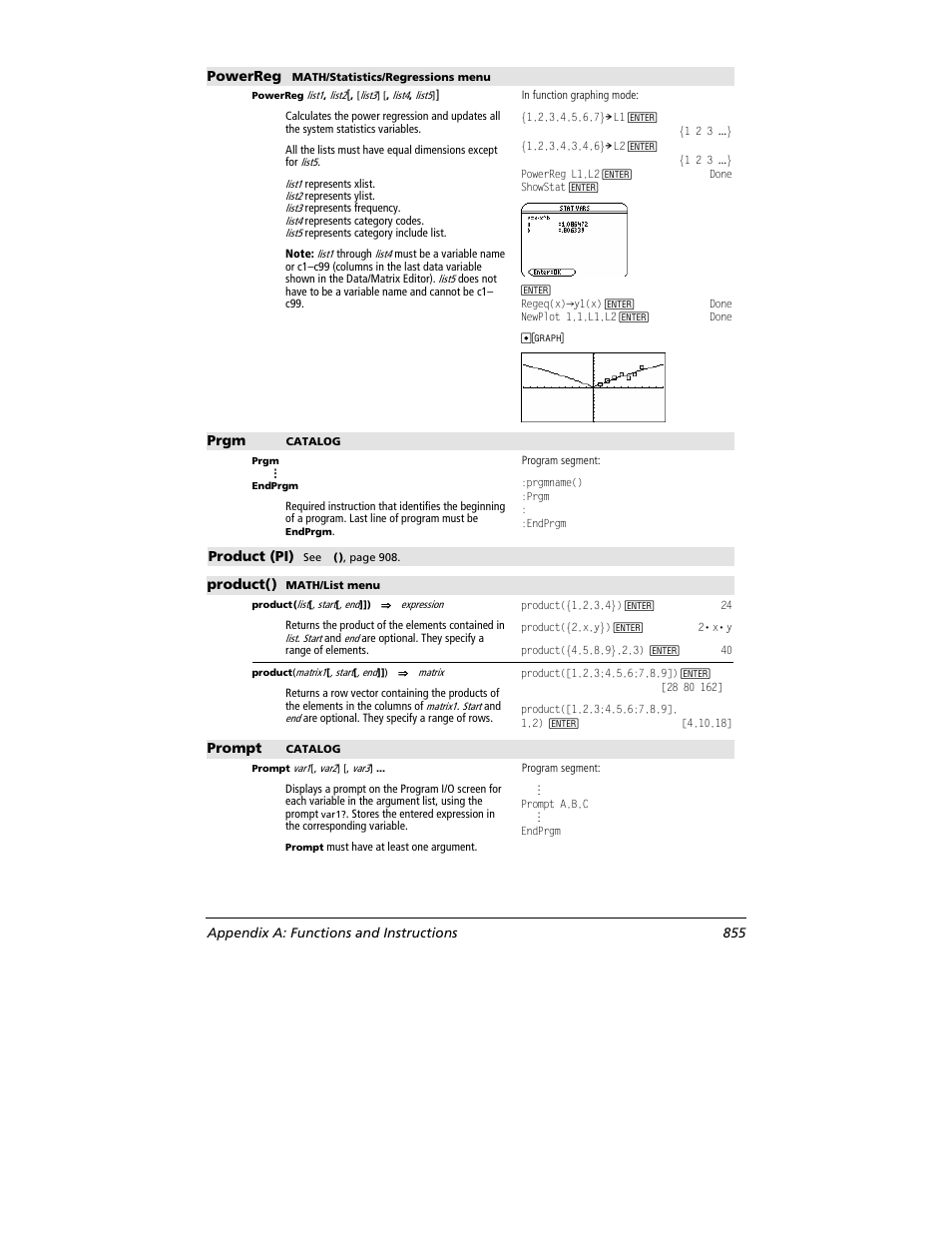 Powerreg, Prgm, Product (pi) | Product(), Prompt, Appendix a: functions and instructions 855 | Texas Instruments TITANIUM TI-89 User Manual | Page 855 / 1008