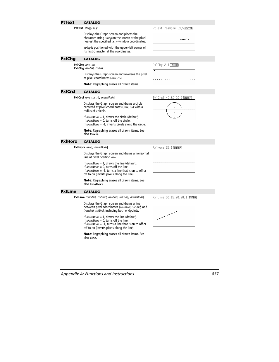 Pttext, Pxlchg, Pxlcrcl | Pxlhorz, Pxlline, Appendix a: functions and instructions 857 | Texas Instruments TITANIUM TI-89 User Manual | Page 857 / 1008