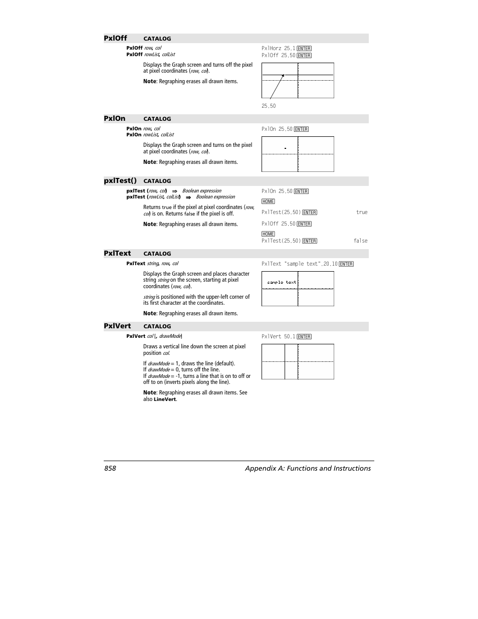 Pxloff, Pxlon, Pxltest() | Pxltext, Pxlvert, 858 appendix a: functions and instructions | Texas Instruments TITANIUM TI-89 User Manual | Page 858 / 1008