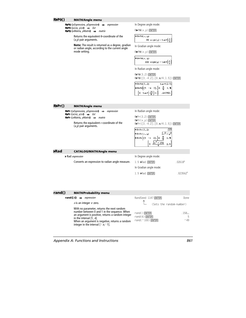 R4444 p q qq q (), R4444 pr(), 4444 rad | Rand(), Appendix a: functions and instructions 861 | Texas Instruments TITANIUM TI-89 User Manual | Page 861 / 1008