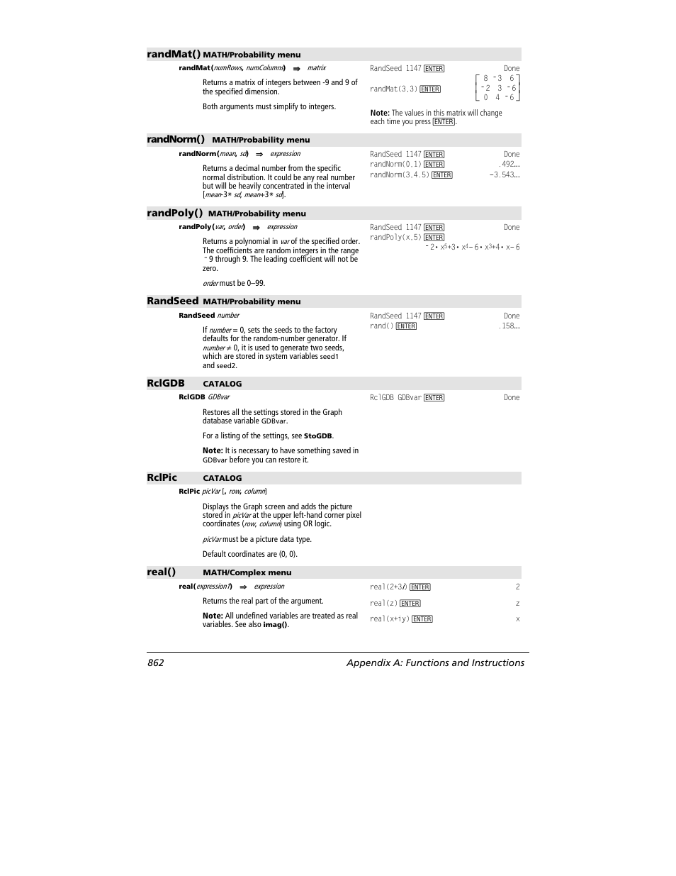 Randmat(), Randnorm(), Randpoly() | Randseed, Rclgdb, Rclpic, Real(), 862 appendix a: functions and instructions | Texas Instruments TITANIUM TI-89 User Manual | Page 862 / 1008