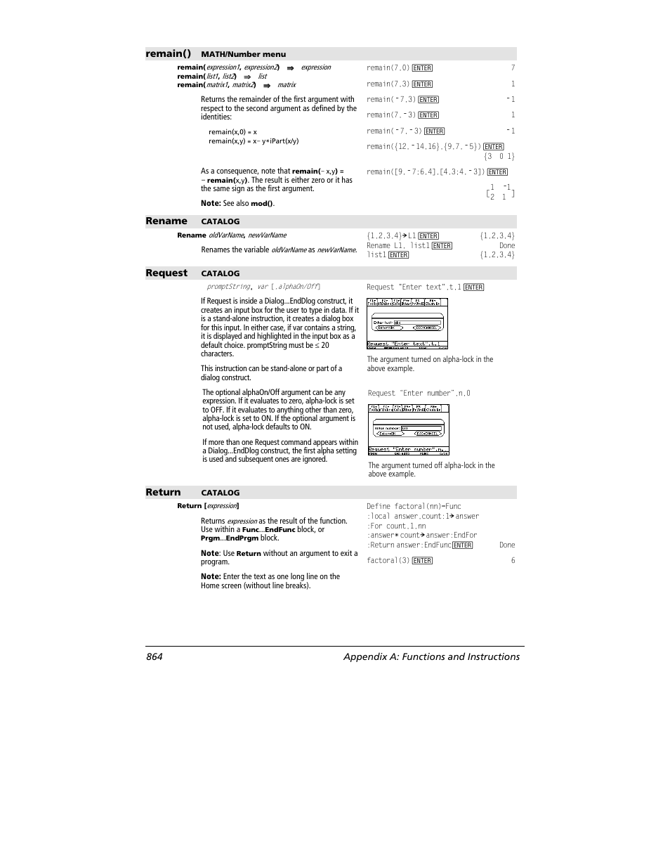 Remain(), Rename, Request | Return, 864 appendix a: functions and instructions | Texas Instruments TITANIUM TI-89 User Manual | Page 864 / 1008