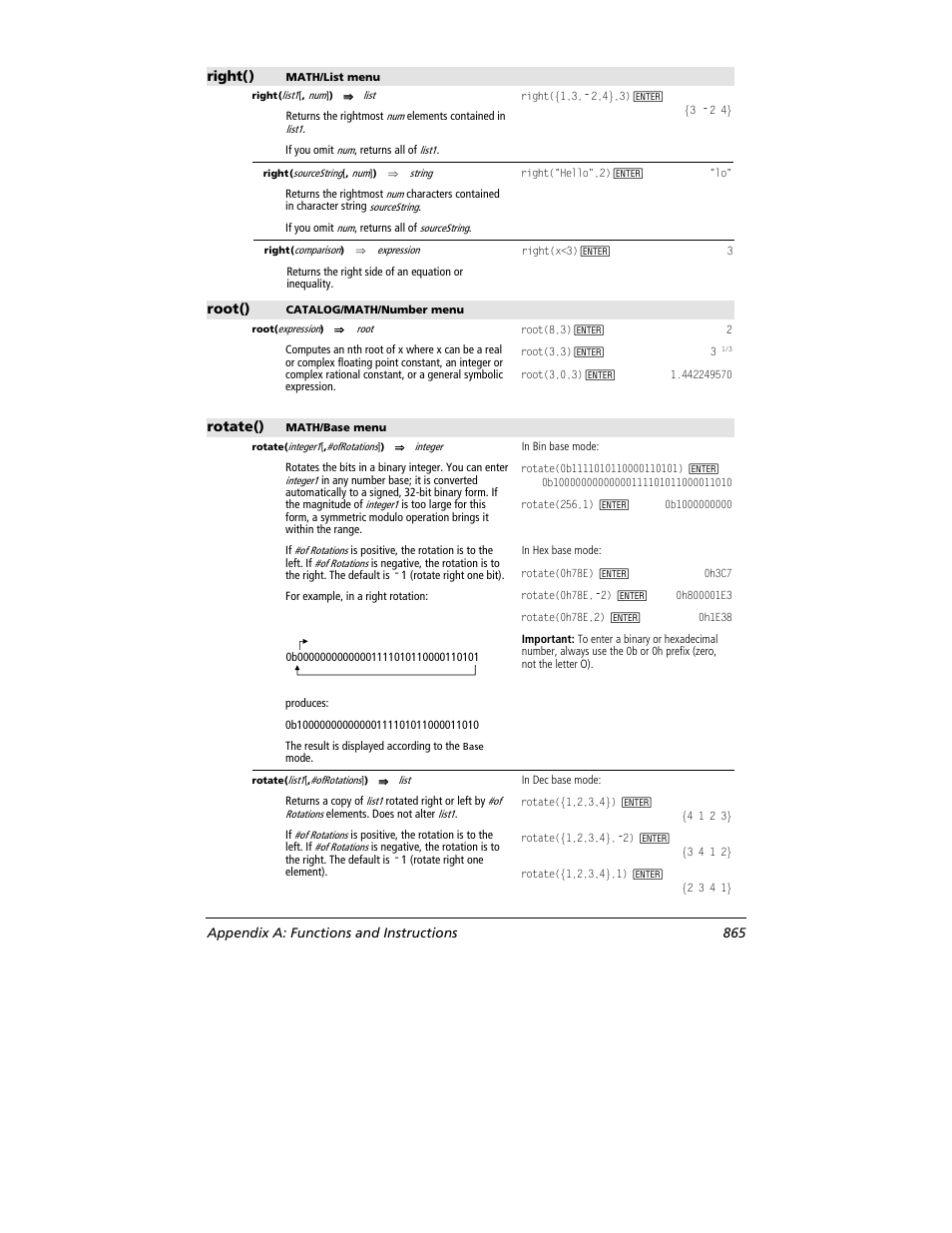 Right(), Root(), Rotate() | Appendix a: functions and instructions 865 | Texas Instruments TITANIUM TI-89 User Manual | Page 865 / 1008