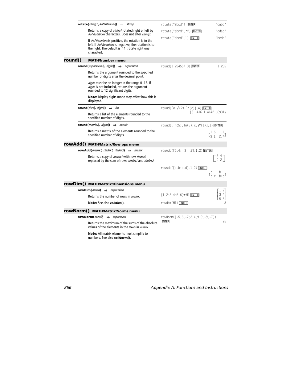 Round(), Rowadd(), Rowdim() | Rownorm(), 866 appendix a: functions and instructions | Texas Instruments TITANIUM TI-89 User Manual | Page 866 / 1008