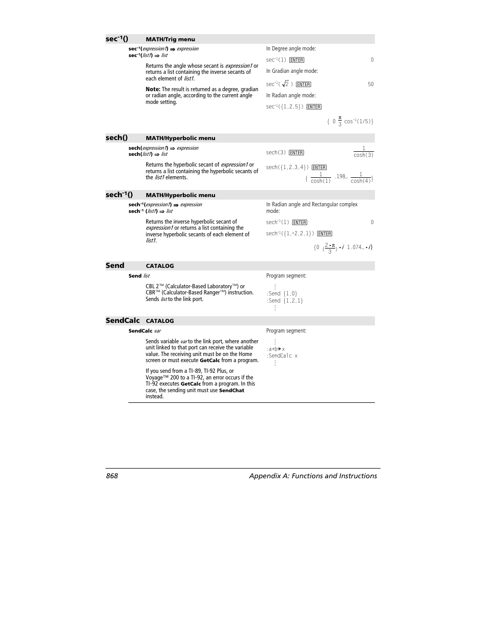 Sech(), Sech, Send | Sendcalc, 868 appendix a: functions and instructions | Texas Instruments TITANIUM TI-89 User Manual | Page 868 / 1008