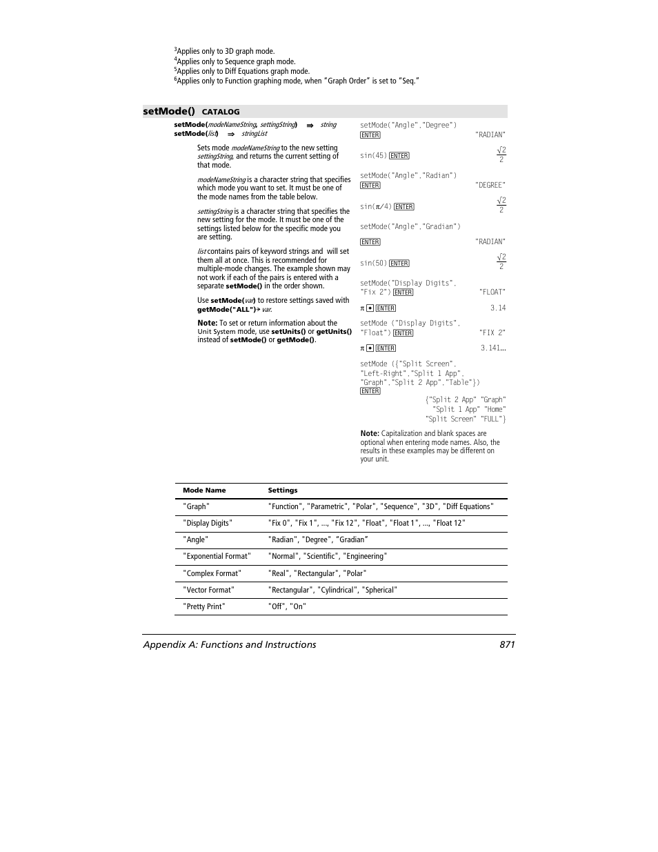 Setmode(), Appendix a: functions and instructions 871 | Texas Instruments TITANIUM TI-89 User Manual | Page 871 / 1008