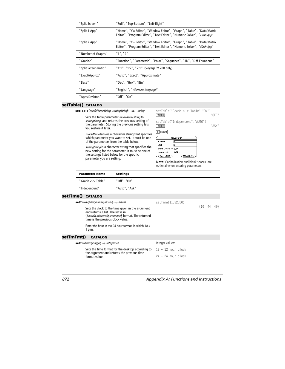 Settable(), Settime(), Settmfmt() | 872 appendix a: functions and instructions | Texas Instruments TITANIUM TI-89 User Manual | Page 872 / 1008