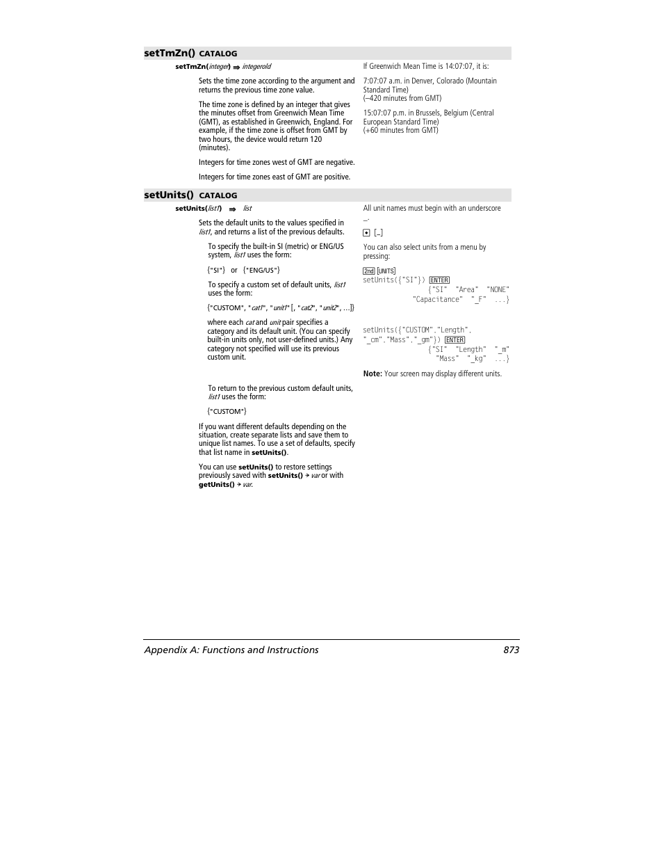 Settmzn(), Setunits(), Appendix a: functions and instructions 873 | Texas Instruments TITANIUM TI-89 User Manual | Page 873 / 1008