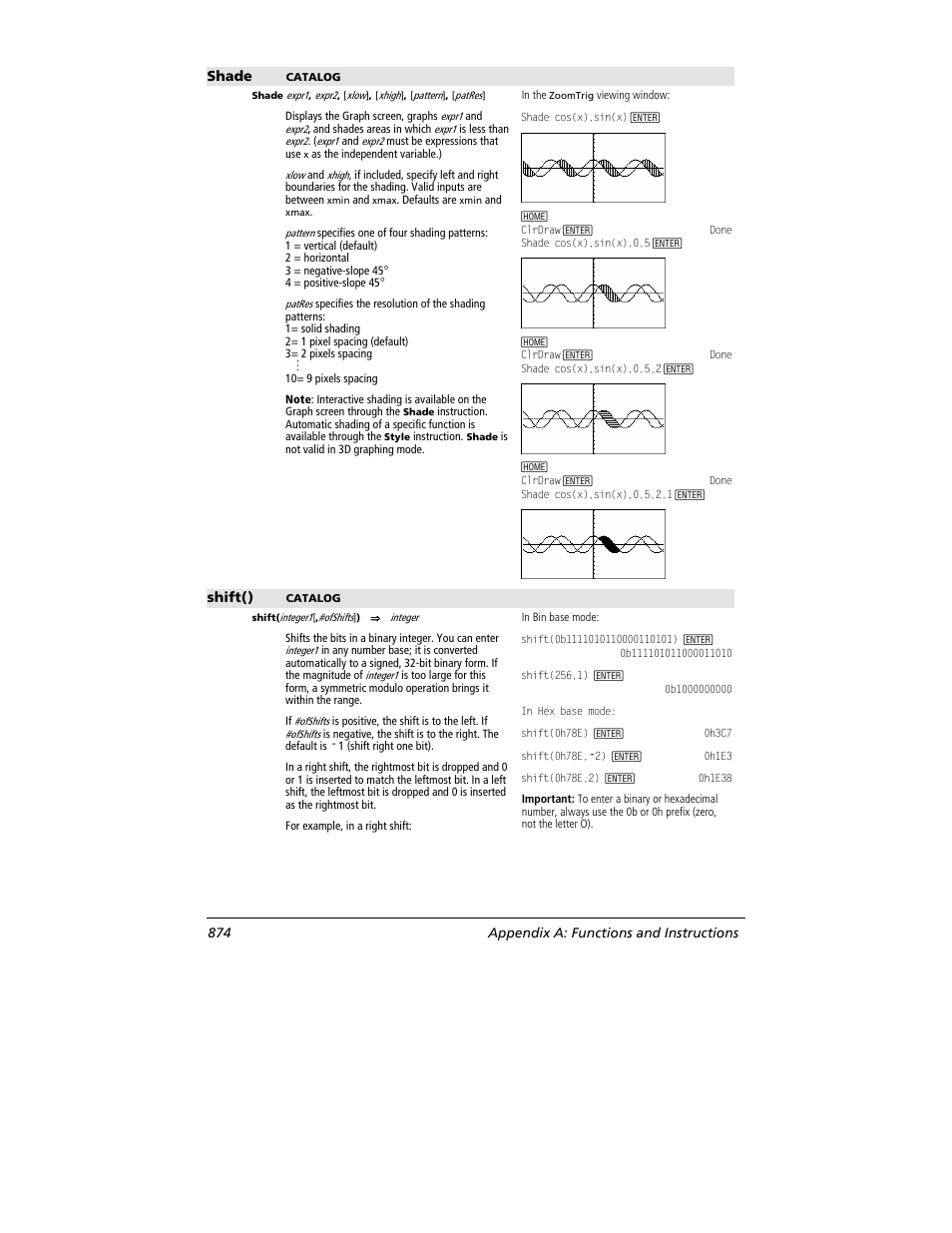 Shade, Shift(), 874 appendix a: functions and instructions | Texas Instruments TITANIUM TI-89 User Manual | Page 874 / 1008