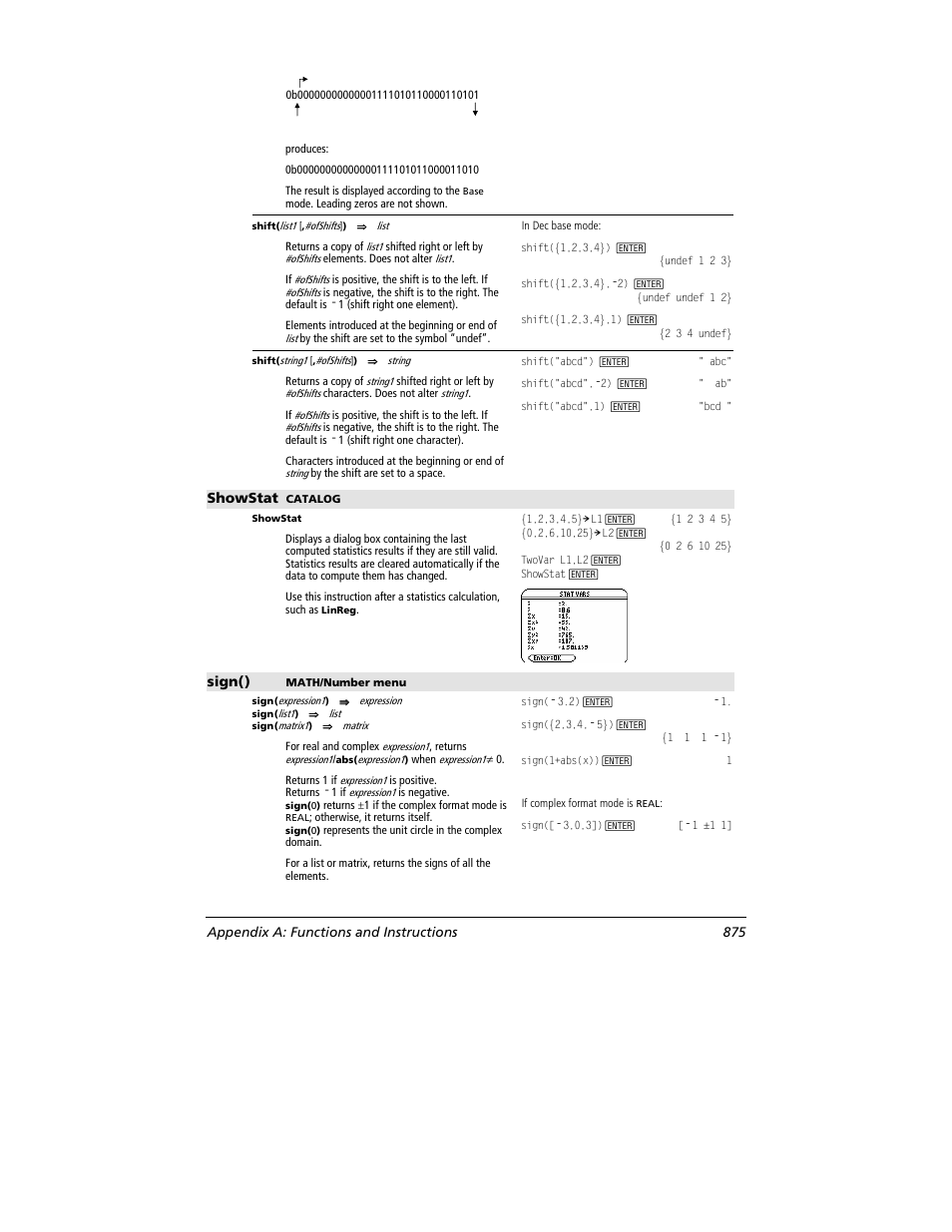 Showstat, Sign(), Appendix a: functions and instructions 875 | Texas Instruments TITANIUM TI-89 User Manual | Page 875 / 1008