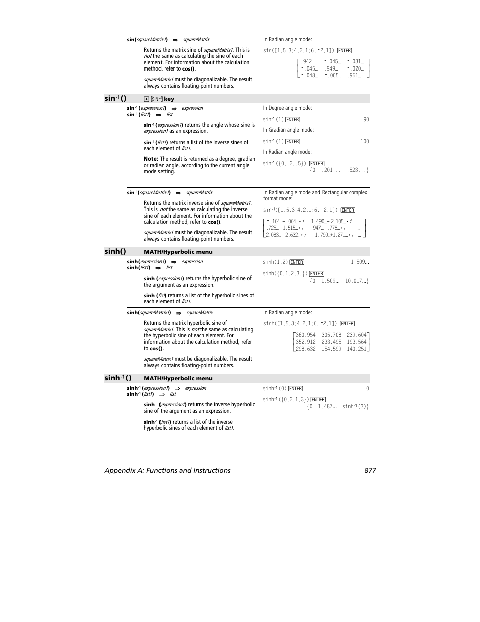 Sin ê (), Sinh(), Sinh ê () | Appendix a: functions and instructions 877 | Texas Instruments TITANIUM TI-89 User Manual | Page 877 / 1008