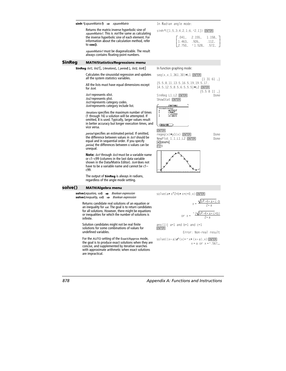 Sinreg, Solve(), 878 appendix a: functions and instructions | Texas Instruments TITANIUM TI-89 User Manual | Page 878 / 1008