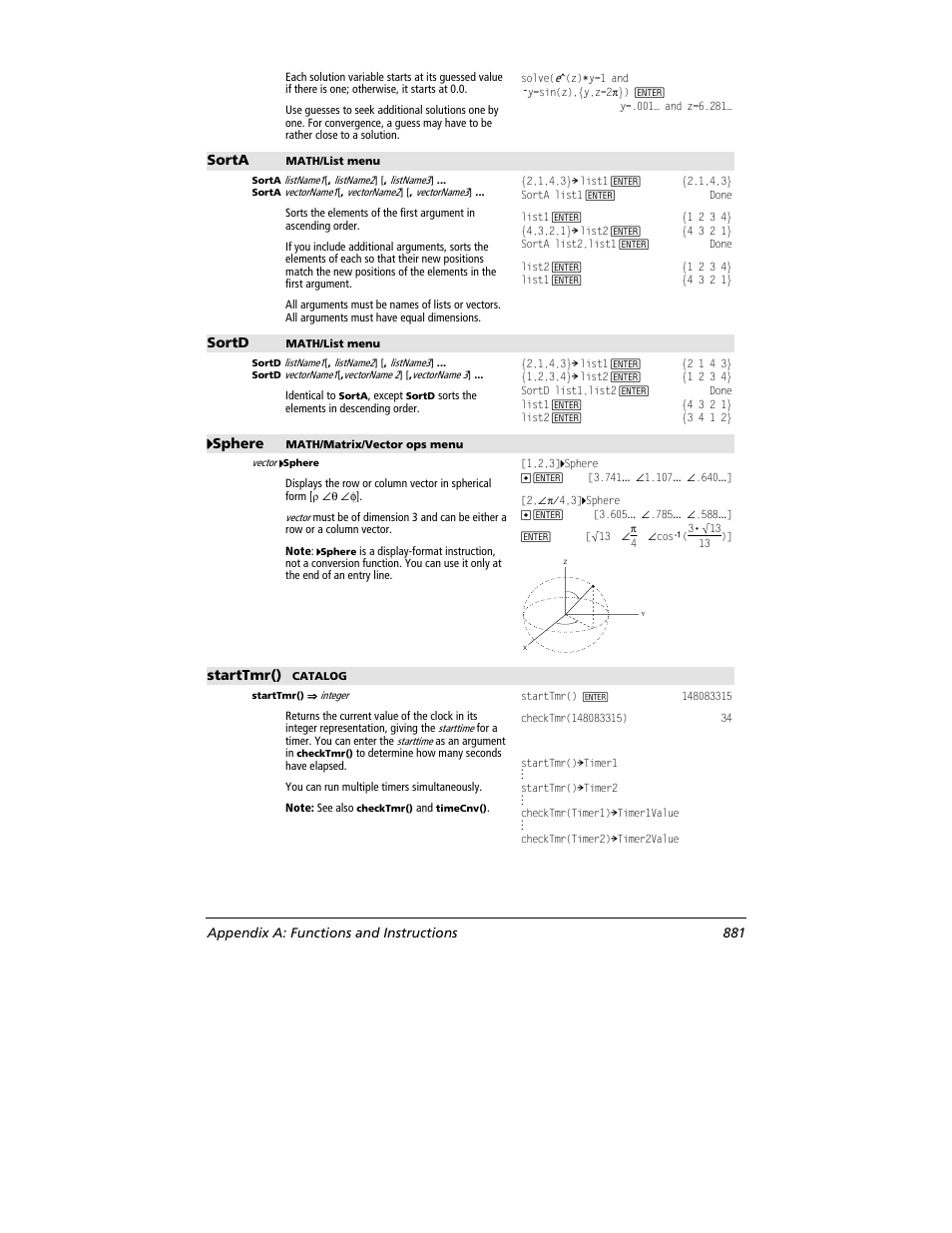 Sorta, Sortd, 4444 sphere | Starttmr(), Appendix a: functions and instructions 881 | Texas Instruments TITANIUM TI-89 User Manual | Page 881 / 1008