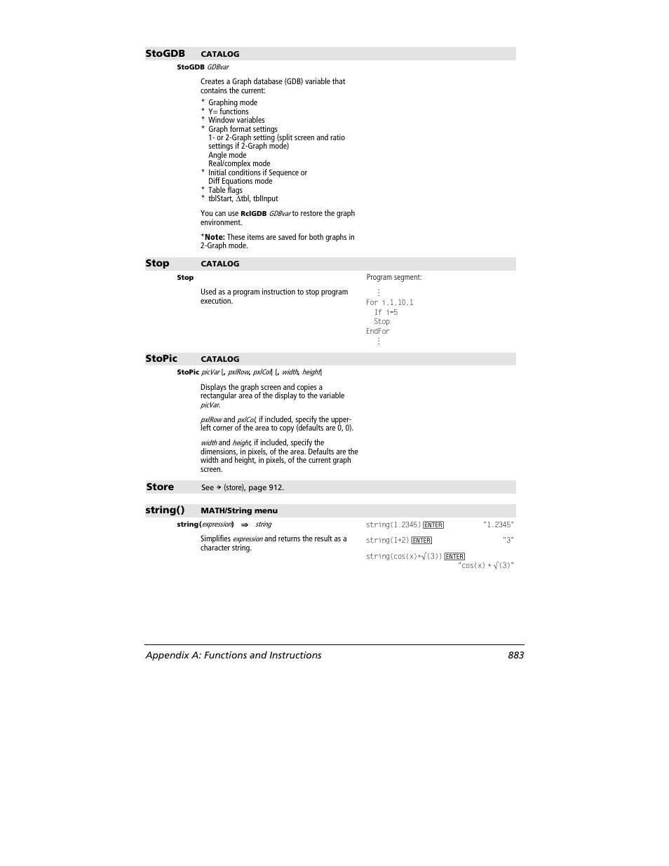 Stogdb, Stop, Stopic | Store, String(), Appendix a: functions and instructions 883 | Texas Instruments TITANIUM TI-89 User Manual | Page 883 / 1008