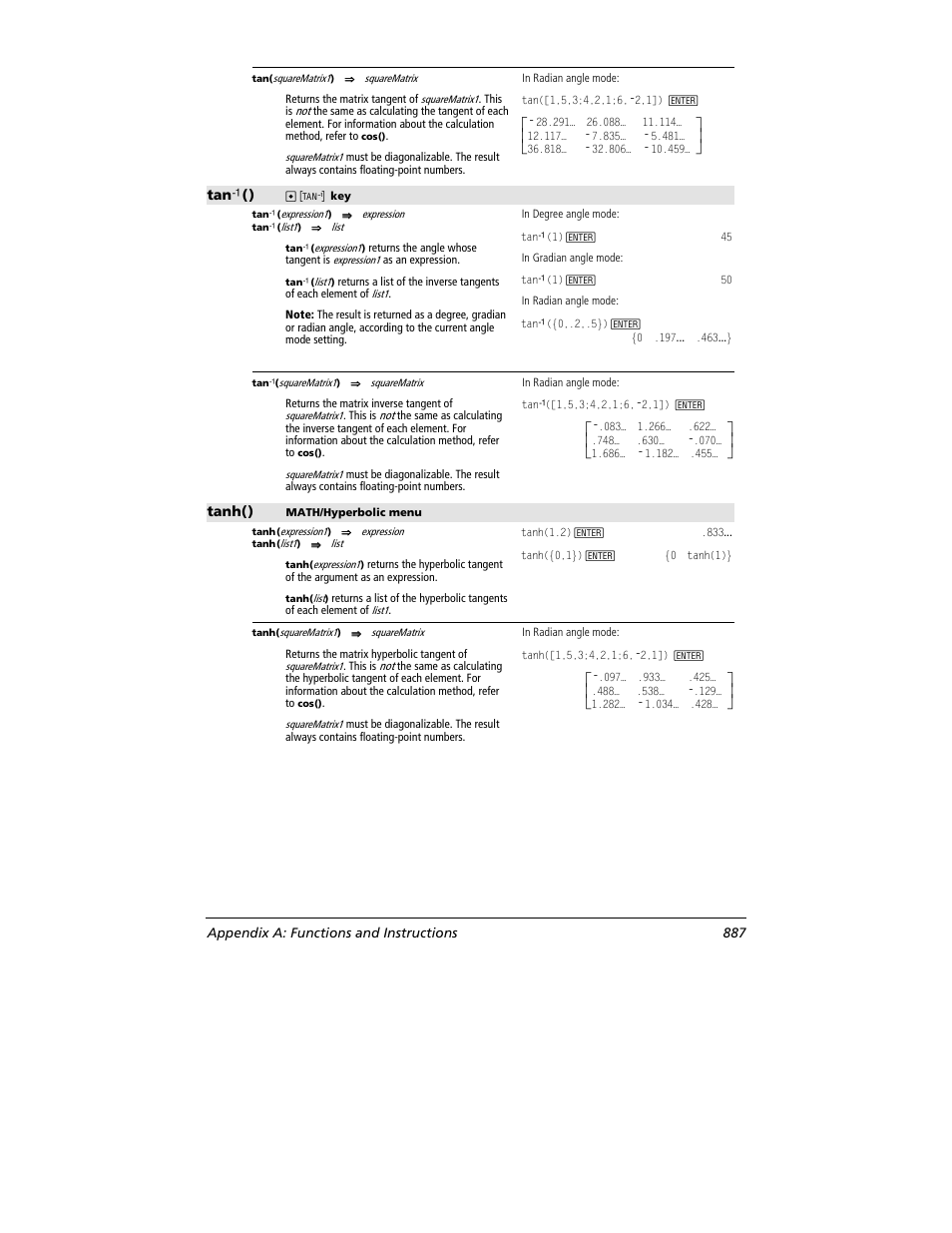 Tan ê (), Tanh(), Appendix a: functions and instructions 887 | Texas Instruments TITANIUM TI-89 User Manual | Page 887 / 1008