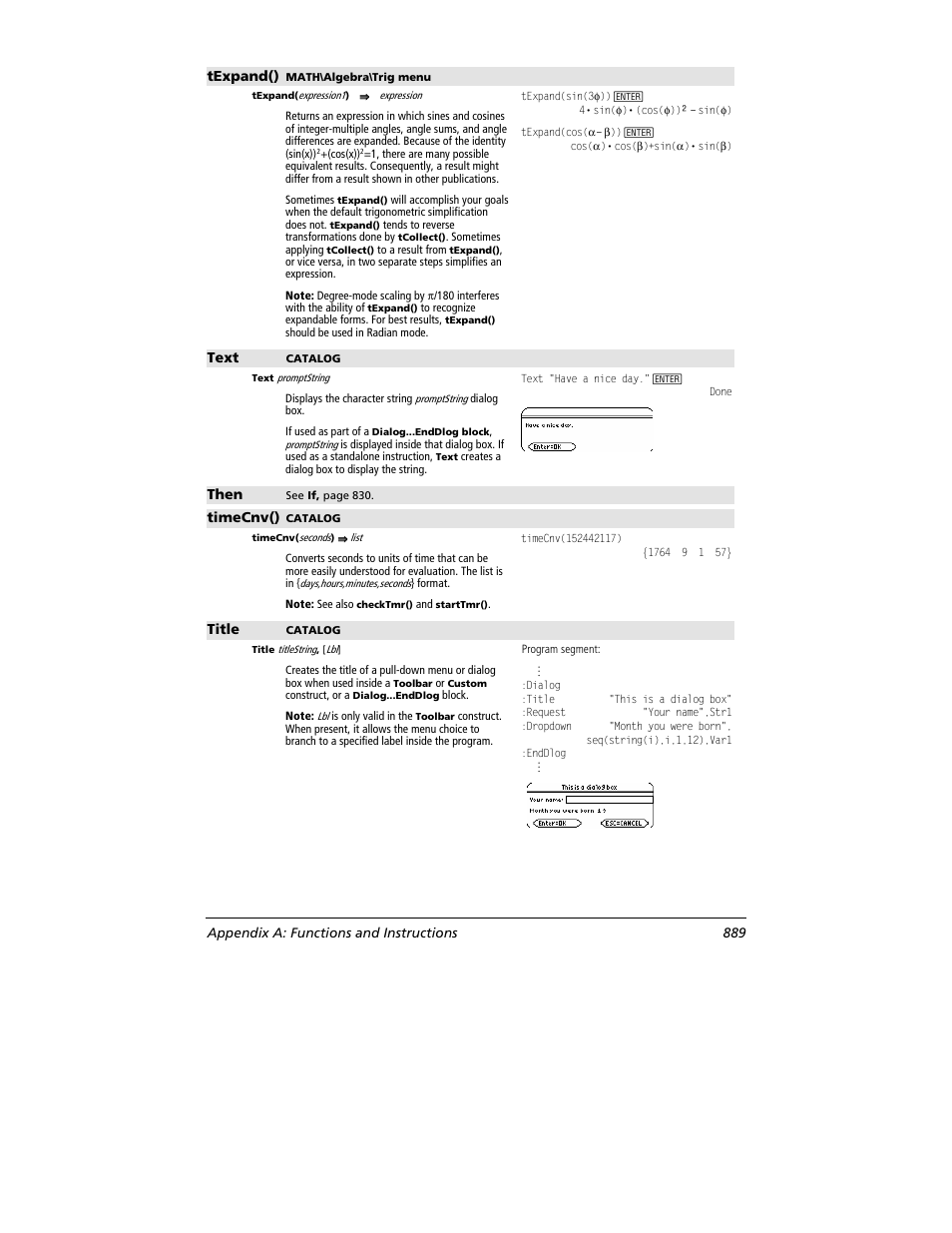 Texpand(), Text, Then | Timecnv(), Title, Appendix a: functions and instructions 889 | Texas Instruments TITANIUM TI-89 User Manual | Page 889 / 1008