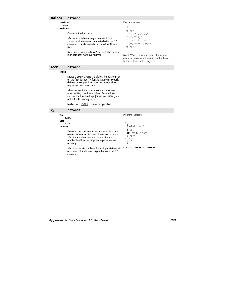 Toolbar, Trace, Appendix a: functions and instructions 891 | Texas Instruments TITANIUM TI-89 User Manual | Page 891 / 1008