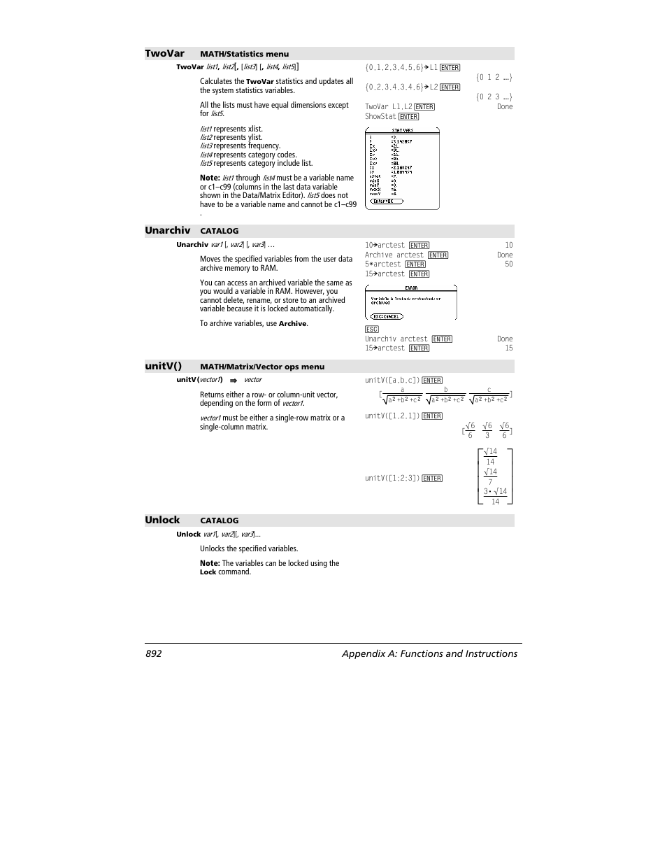 Twovar, Unarchiv, Unitv() | Unlock | Texas Instruments TITANIUM TI-89 User Manual | Page 892 / 1008