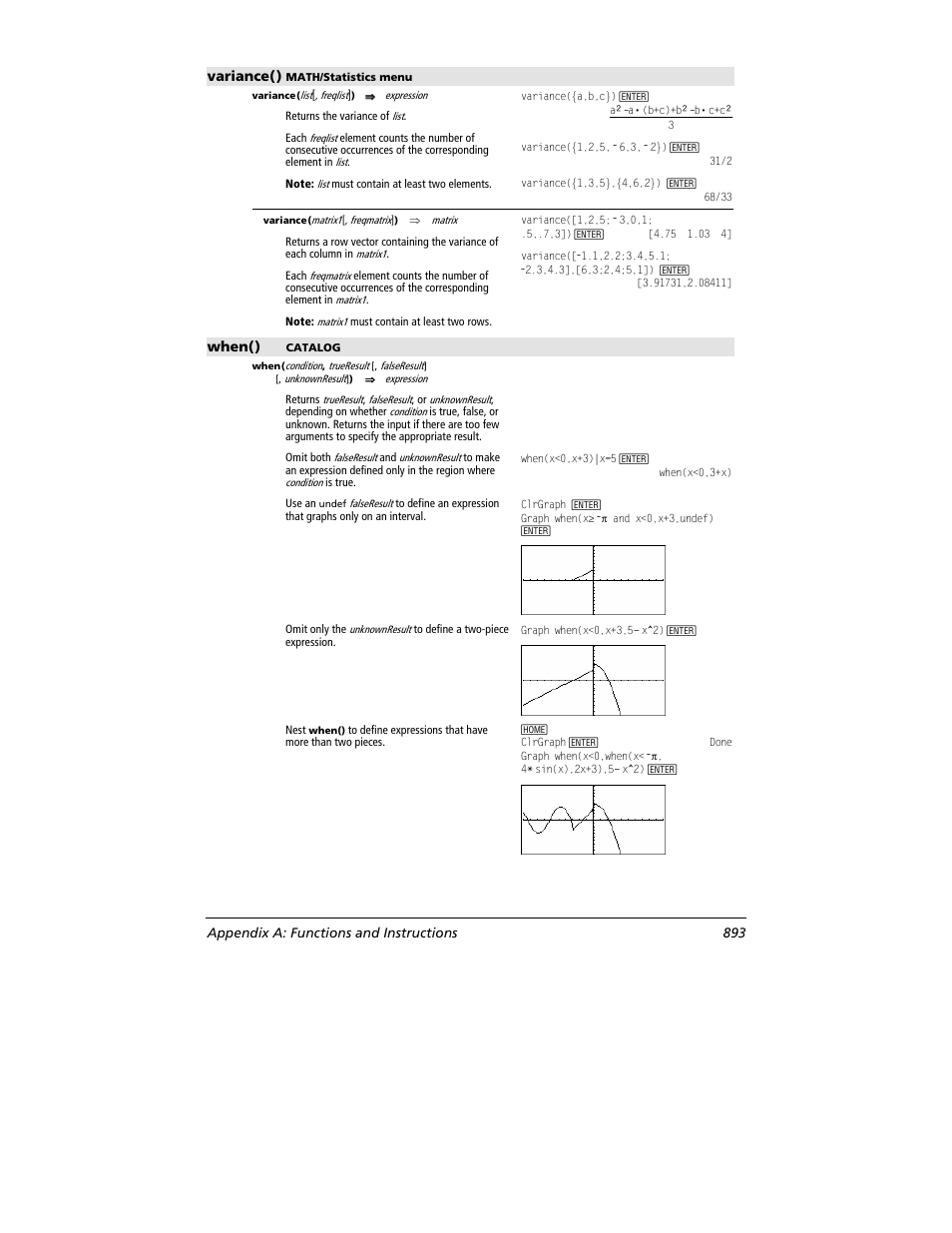 Variance(), When(), Appendix a: functions and instructions 893 | Texas Instruments TITANIUM TI-89 User Manual | Page 893 / 1008