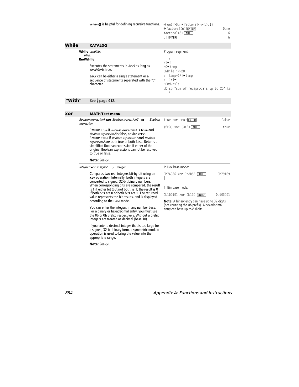 While, With, 894 appendix a: functions and instructions | Texas Instruments TITANIUM TI-89 User Manual | Page 894 / 1008