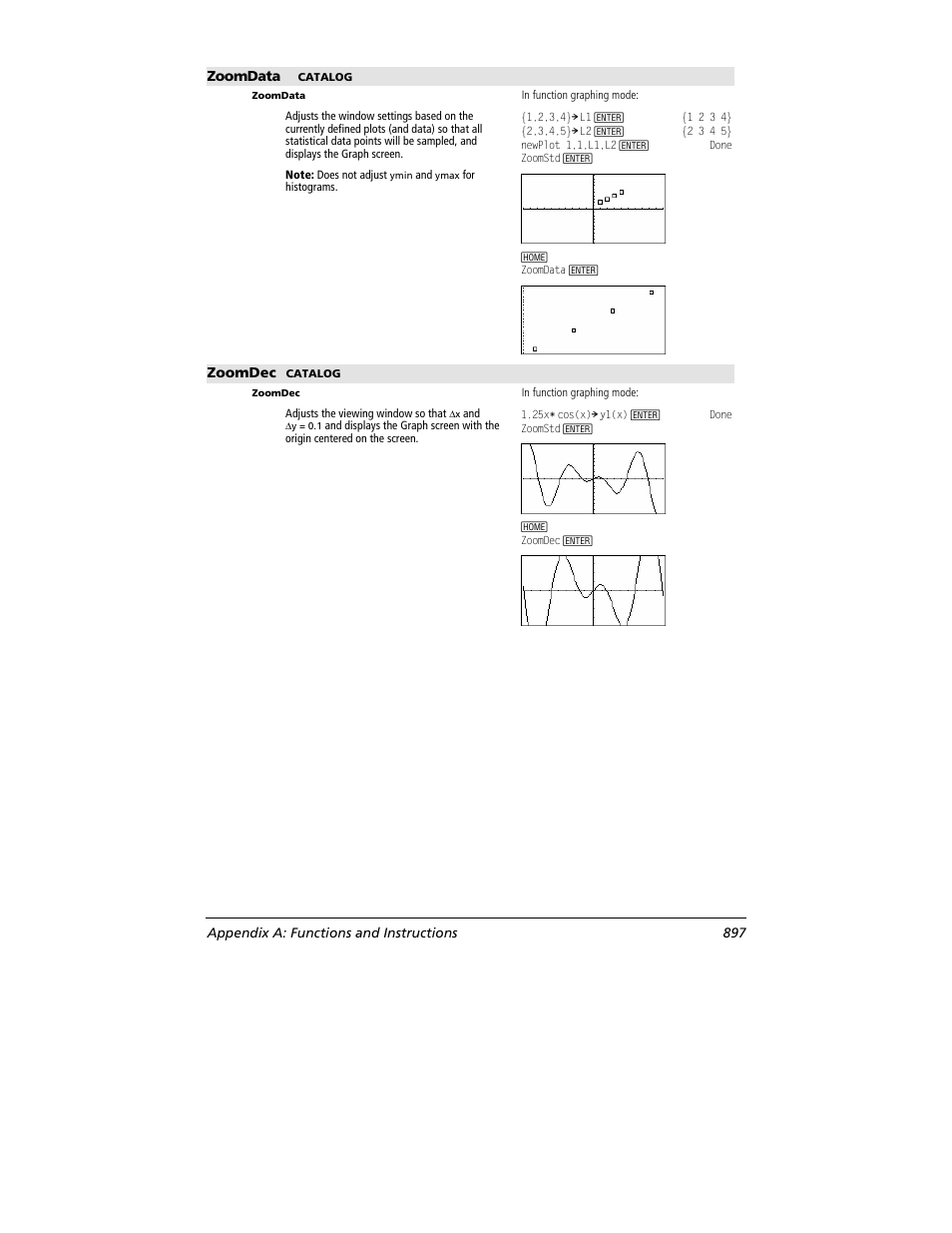 Zoomdata, Zoomdec, Appendix a: functions and instructions 897 | Texas Instruments TITANIUM TI-89 User Manual | Page 897 / 1008