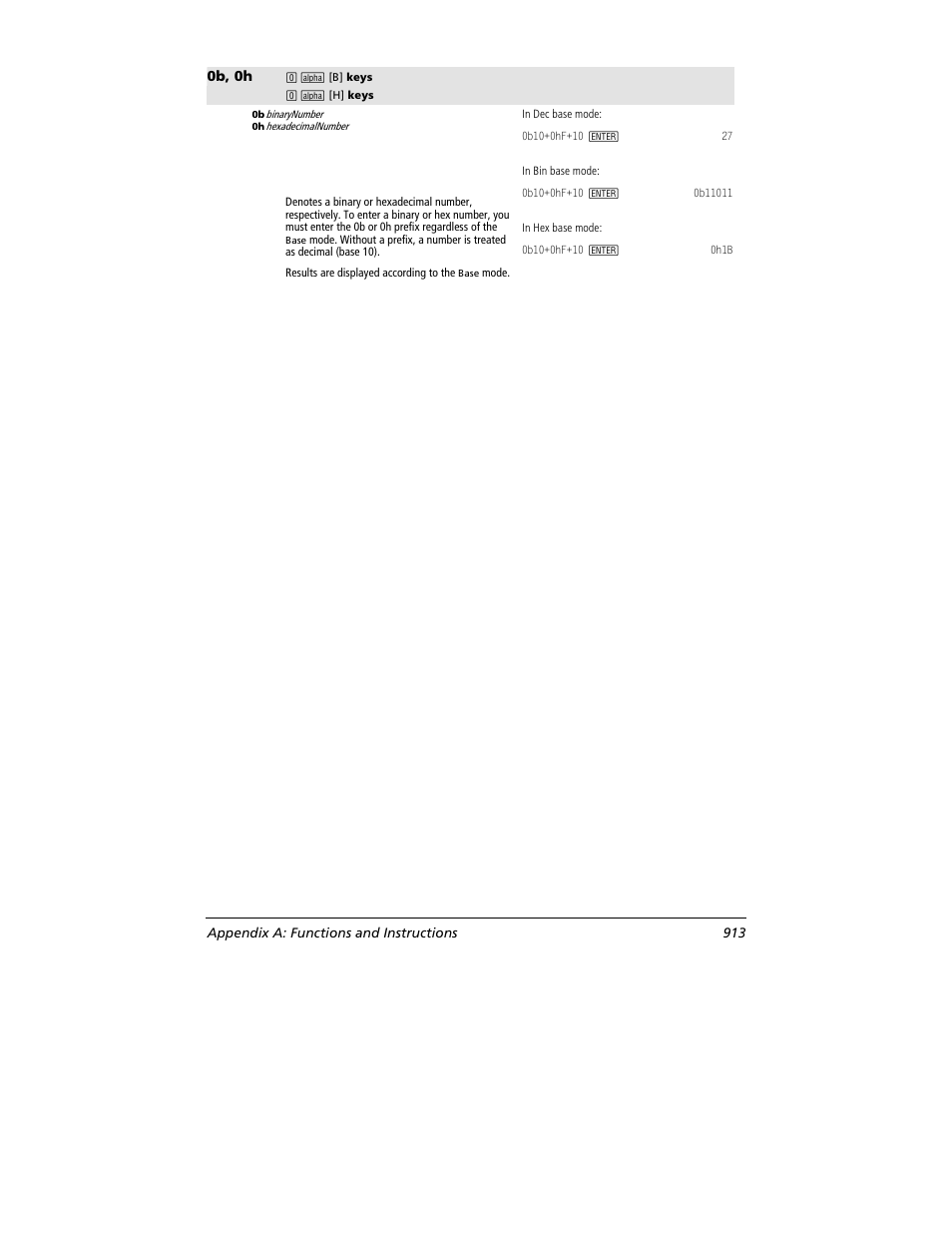 0b, 0h, Appendix a: functions and instructions 913 | Texas Instruments TITANIUM TI-89 User Manual | Page 913 / 1008