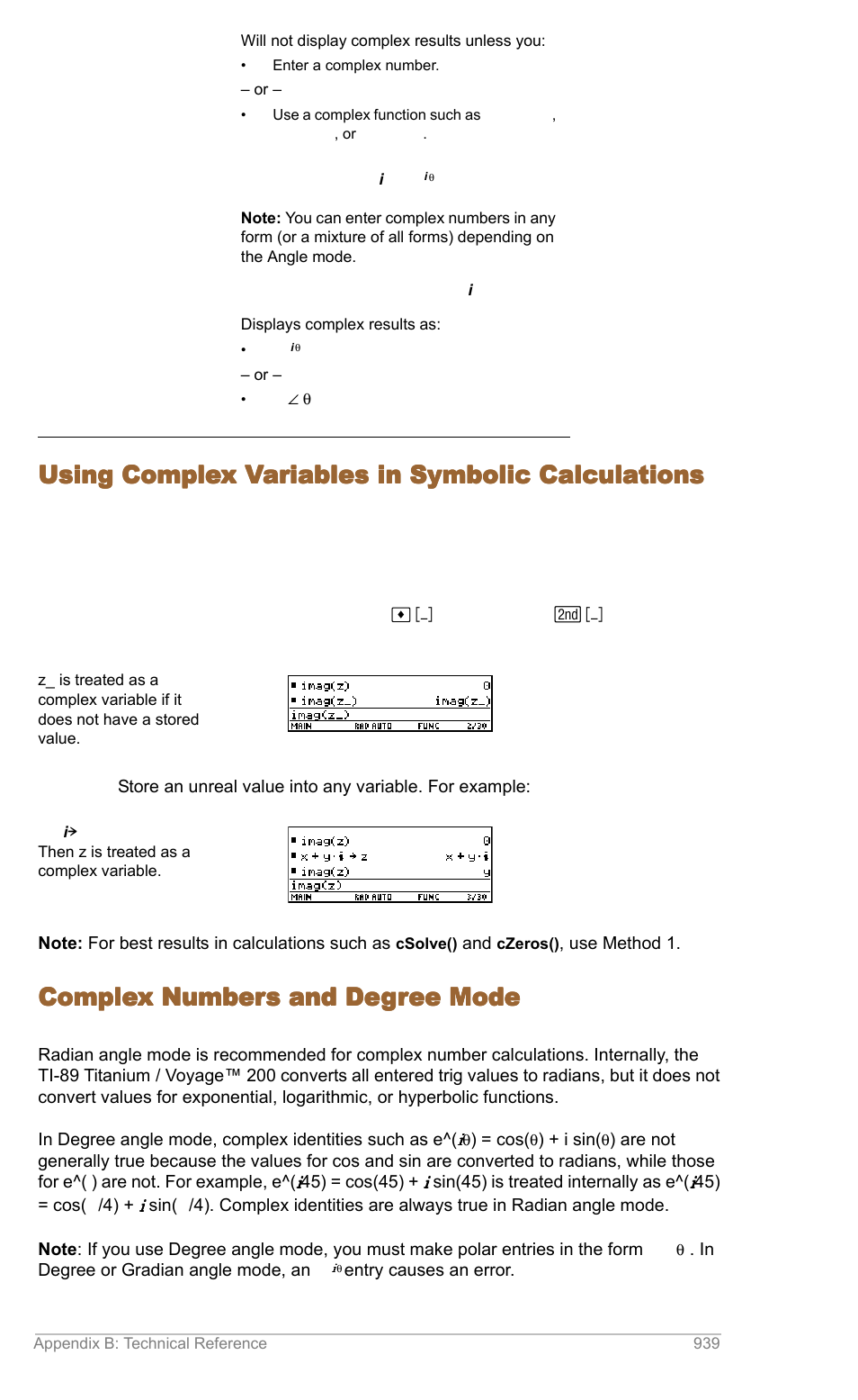 Using complex variables in symbolic calculations, Complex numbers and degree mode | Texas Instruments TITANIUM TI-89 User Manual | Page 938 / 1008