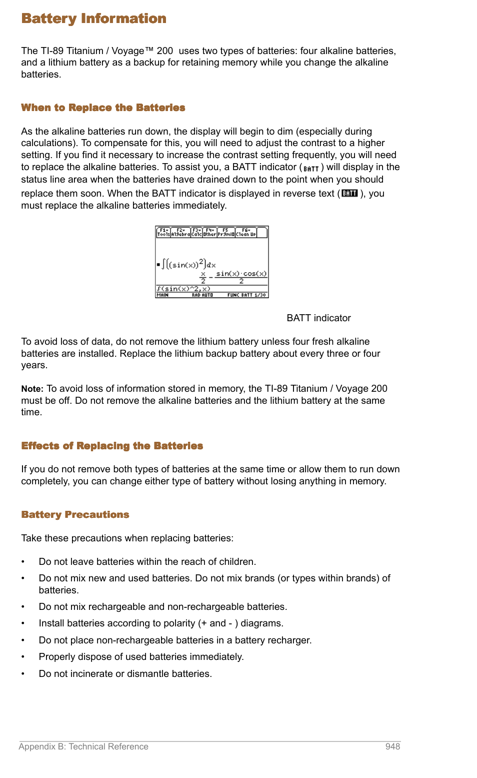 Battery information | Texas Instruments TITANIUM TI-89 User Manual | Page 947 / 1008