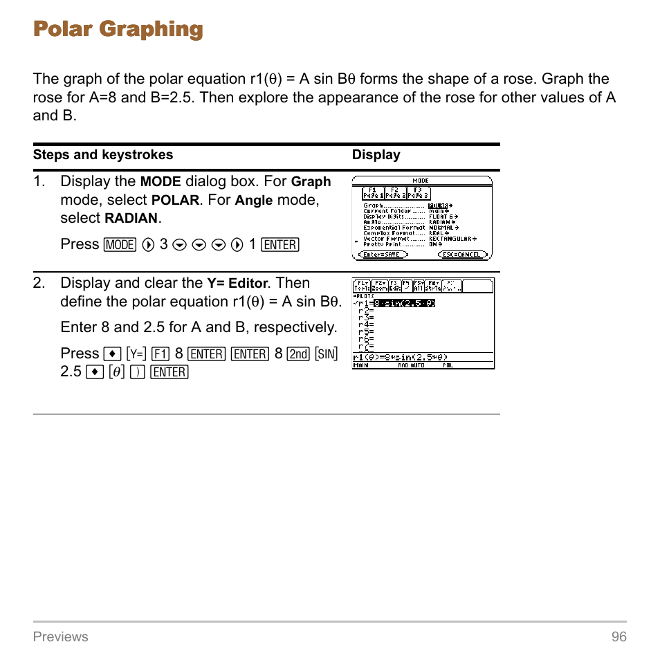 Polar graphing | Texas Instruments TITANIUM TI-89 User Manual | Page 96 / 1008