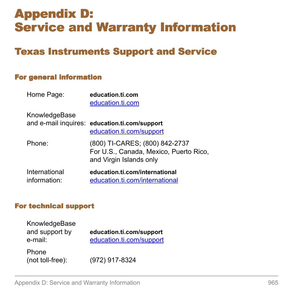 Appendix d: service and warranty information, Texas instruments support and service, Appendix d | Texas Instruments TITANIUM TI-89 User Manual | Page 962 / 1008