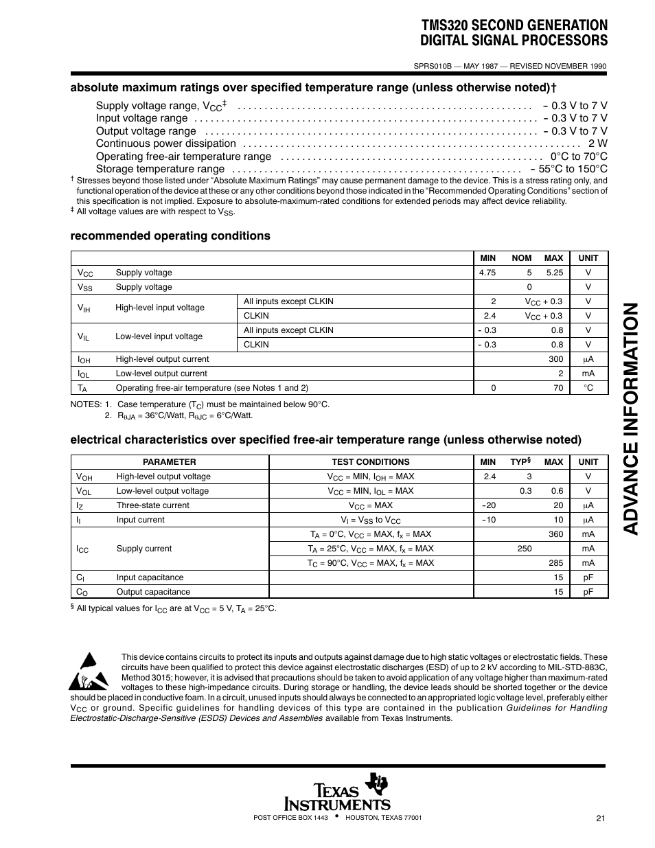 Adv ance informa t ion, Tms320 second generation digital signal processors, Recommended operating conditions | Texas Instruments TMS320 User Manual | Page 21 / 70