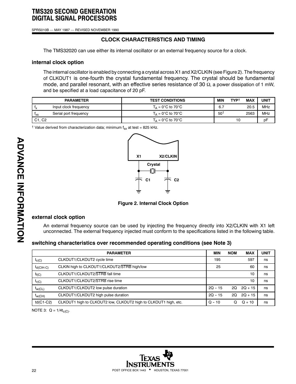 Adv ance informa t ion, Tms320 second generation digital signal processors, Clock characteristics and timing | Internal clock option, External clock option | Texas Instruments TMS320 User Manual | Page 22 / 70