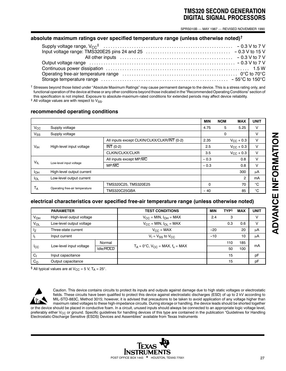 Adv ance informa t ion, Tms320 second generation digital signal processors, Recommended operating conditions | Texas Instruments TMS320 User Manual | Page 27 / 70