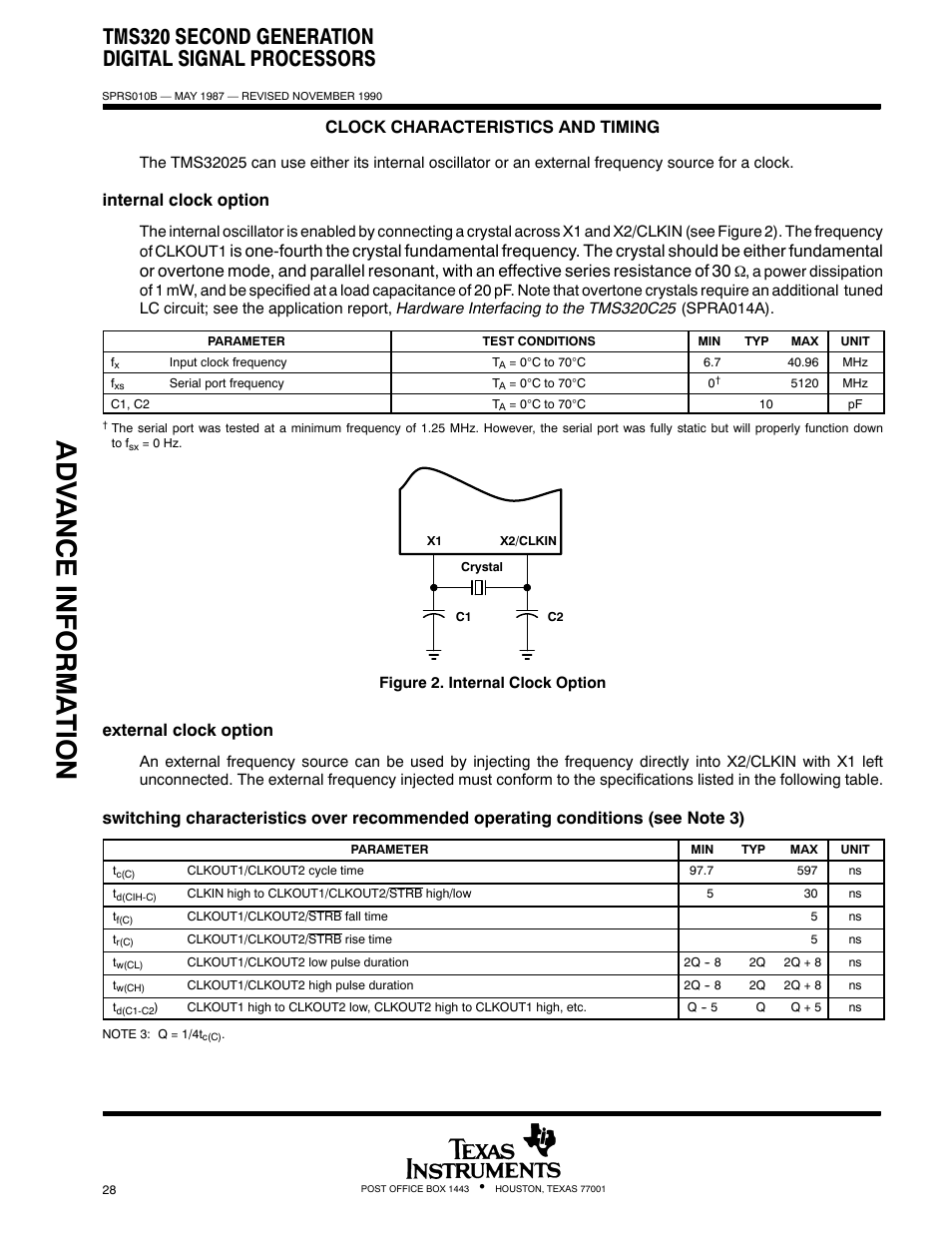 Adv ance informa t ion, Tms320 second generation digital signal processors, Clock characteristics and timing | Internal clock option, External clock option | Texas Instruments TMS320 User Manual | Page 28 / 70