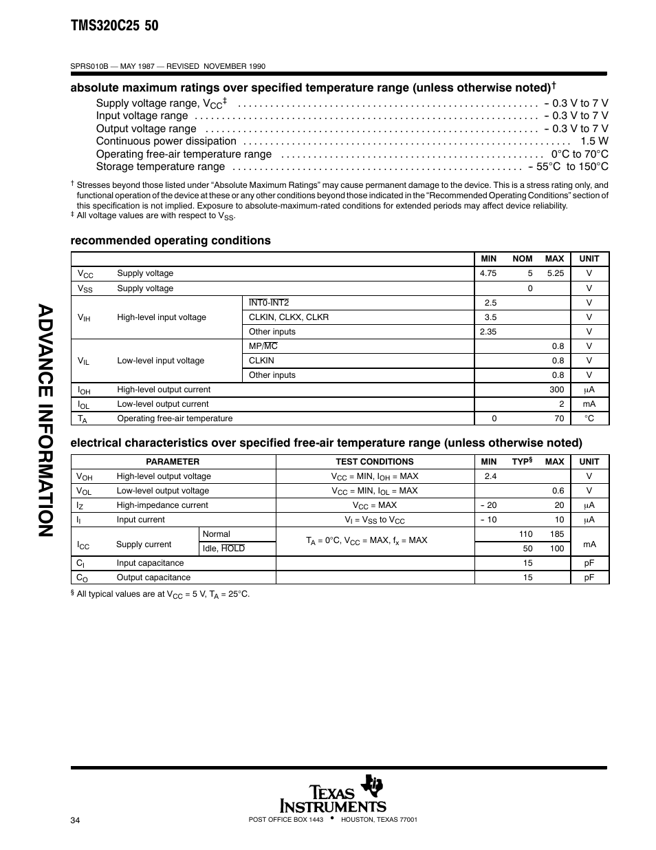 Adv ance informa t ion, Recommended operating conditions | Texas Instruments TMS320 User Manual | Page 34 / 70