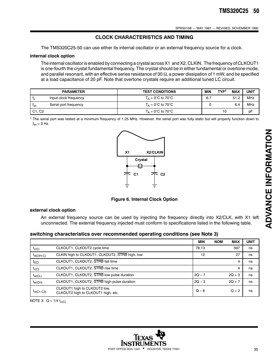 Adv ance informa t ion, Clock characteristics and timing | Texas Instruments TMS320 User Manual | Page 35 / 70