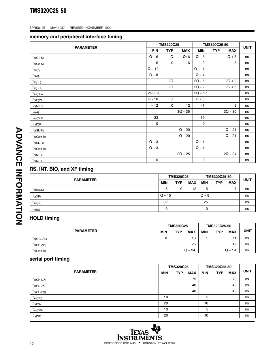 Adv ance informa t ion, Rs, int, bio, and xf timing, Hold timing | Serial port timing | Texas Instruments TMS320 User Manual | Page 40 / 70