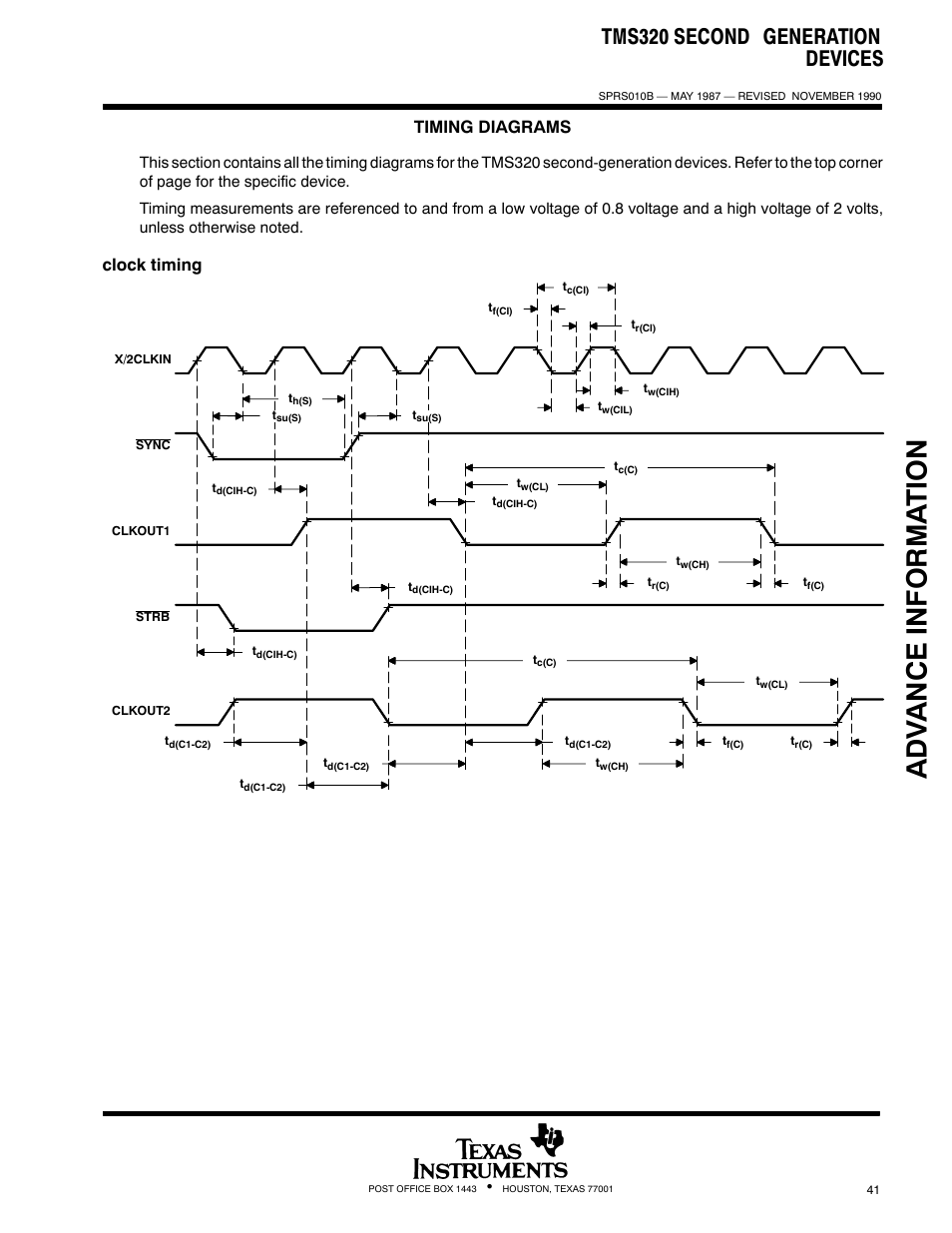 Adv ance informa t ion, Tms320 second generation devices, Timing diagrams | Clock timing | Texas Instruments TMS320 User Manual | Page 41 / 70