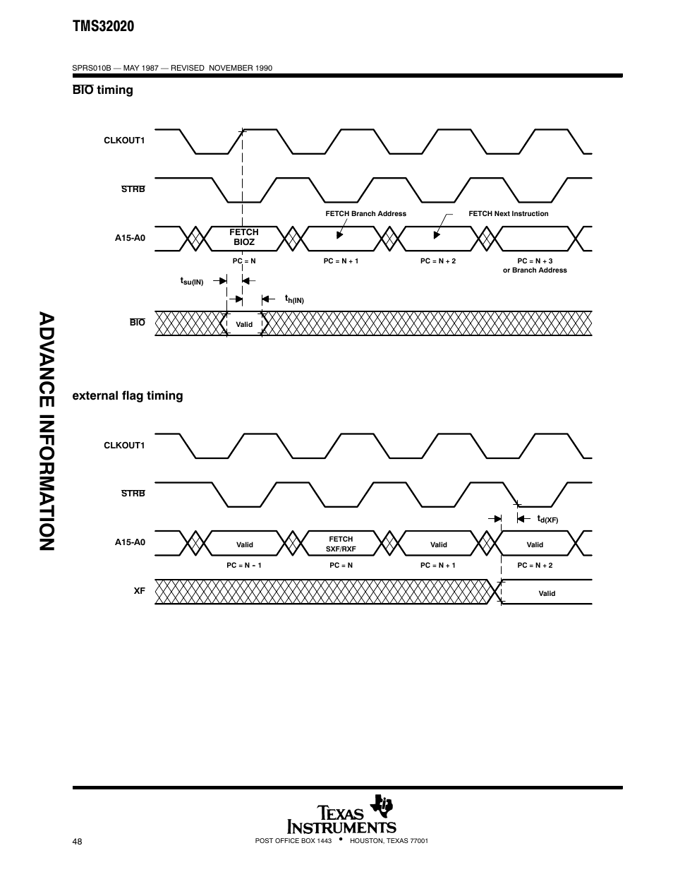 Adv ance informa t ion, Bio timing, External flag timing | Texas Instruments TMS320 User Manual | Page 48 / 70