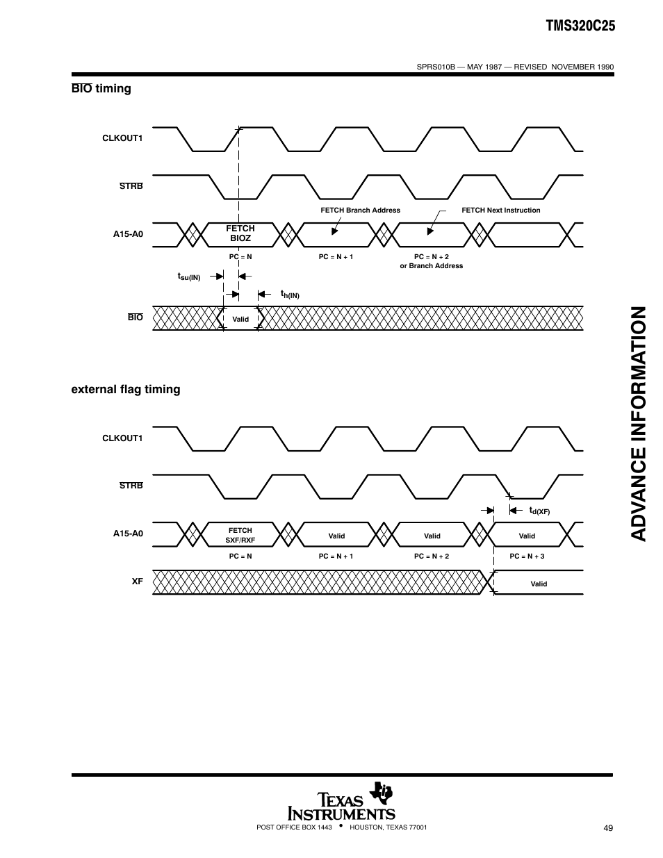 Adv ance informa t ion, Bio timing, External flag timing | Texas Instruments TMS320 User Manual | Page 49 / 70