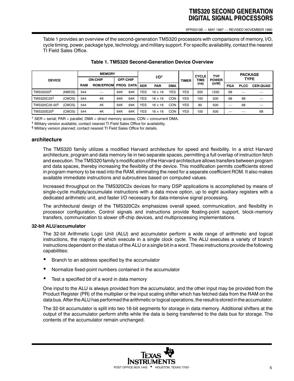 Tms320 second generation digital signal processors, Architecture | Texas Instruments TMS320 User Manual | Page 5 / 70