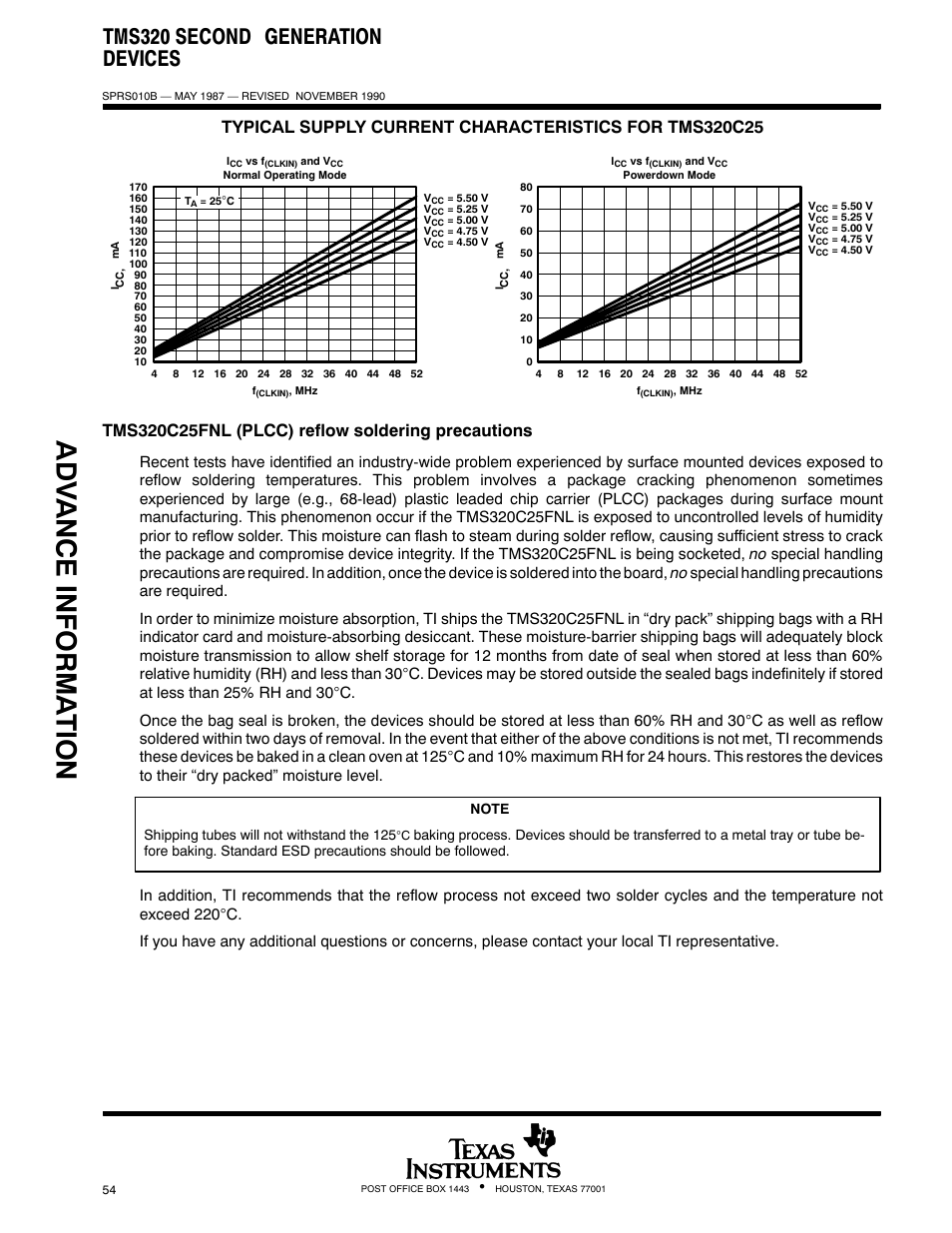 Adv ance informa t ion, Tms320 second generation devices | Texas Instruments TMS320 User Manual | Page 54 / 70