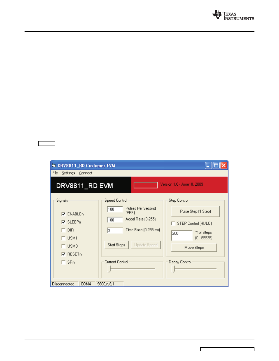 3 running the windows application software, 3 windows application, Software | Texas Instruments Laser And Motor Drives DRV8811EVM User Manual | Page 8 / 13