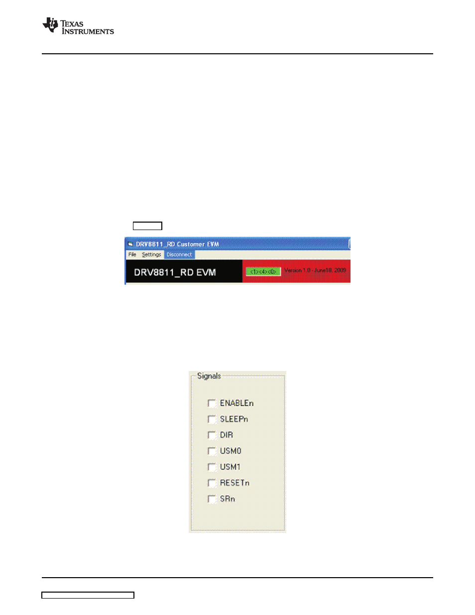 1 menu, 2 drv8811 gpio control signals, Signals | Frame | Texas Instruments Laser And Motor Drives DRV8811EVM User Manual | Page 9 / 13