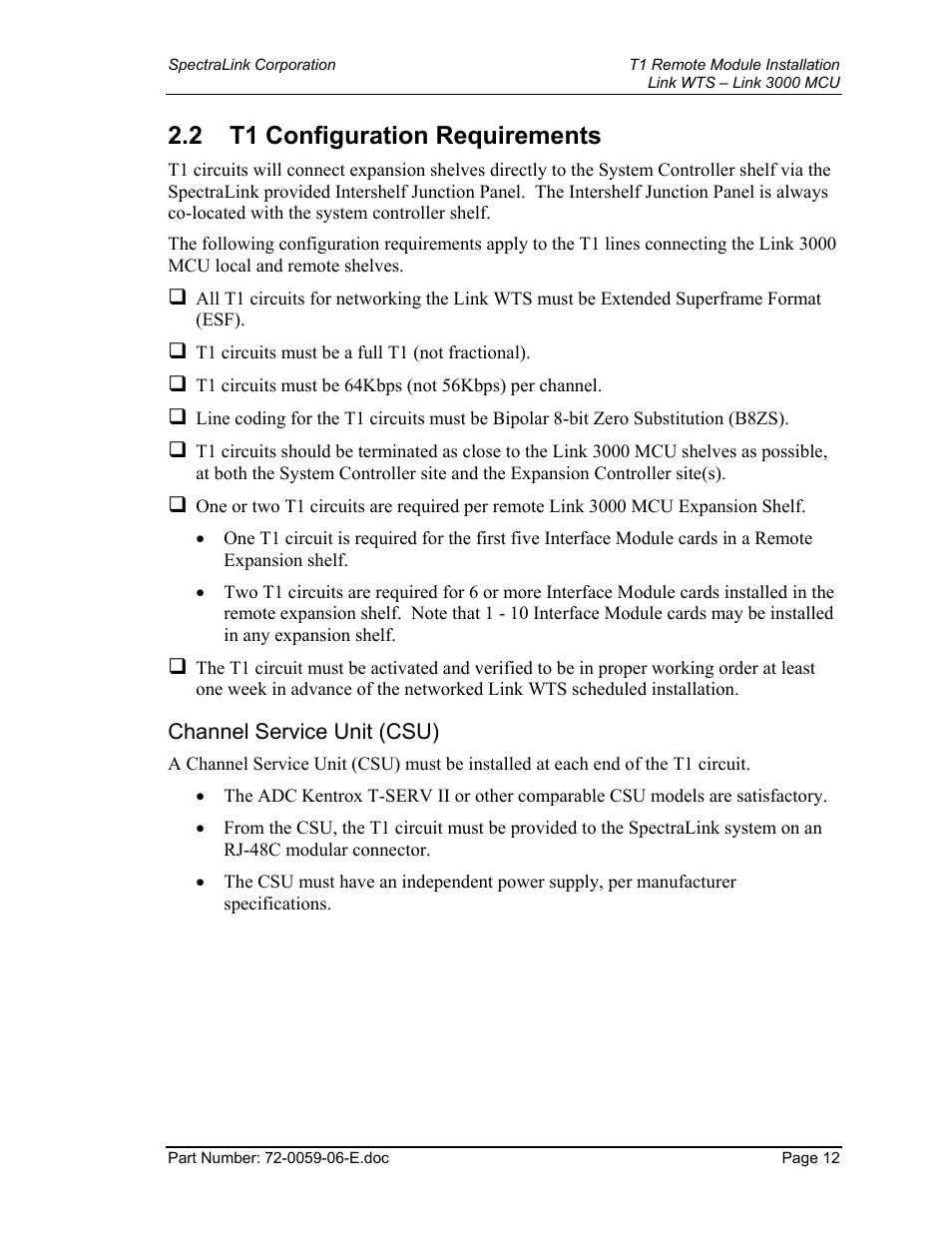 T1 configuration requirements, Channel service unit (csu), 2 t1 configuration requirements | Texas Instruments 3000 MCU User Manual | Page 12 / 30