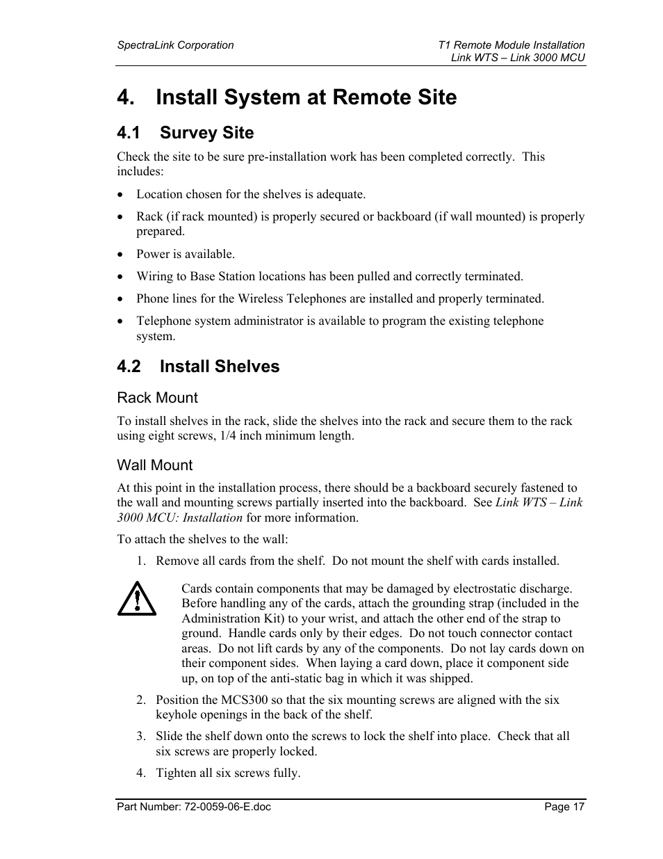 Install system at remote site, Survey site, Install shelves | Rack mount, Wall mount, 1 survey site, 2 install shelves | Texas Instruments 3000 MCU User Manual | Page 17 / 30