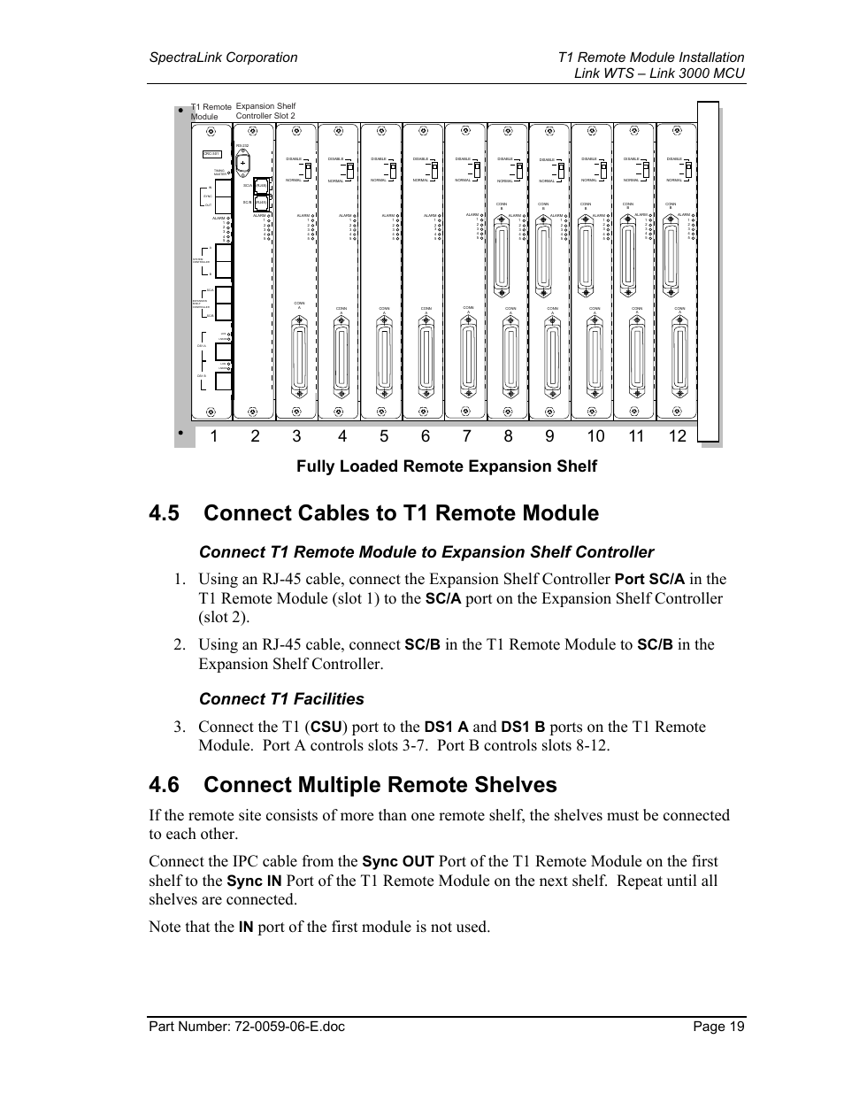 Connect cables to t1 remote module, Connect multiple remote shelves, 5 connect cables to t1 remote module | 6 connect multiple remote shelves, Fully loaded remote expansion shelf, Port to the, Port of the first module is not used, Port sc/a, Sc/a, Sc/b | Texas Instruments 3000 MCU User Manual | Page 19 / 30