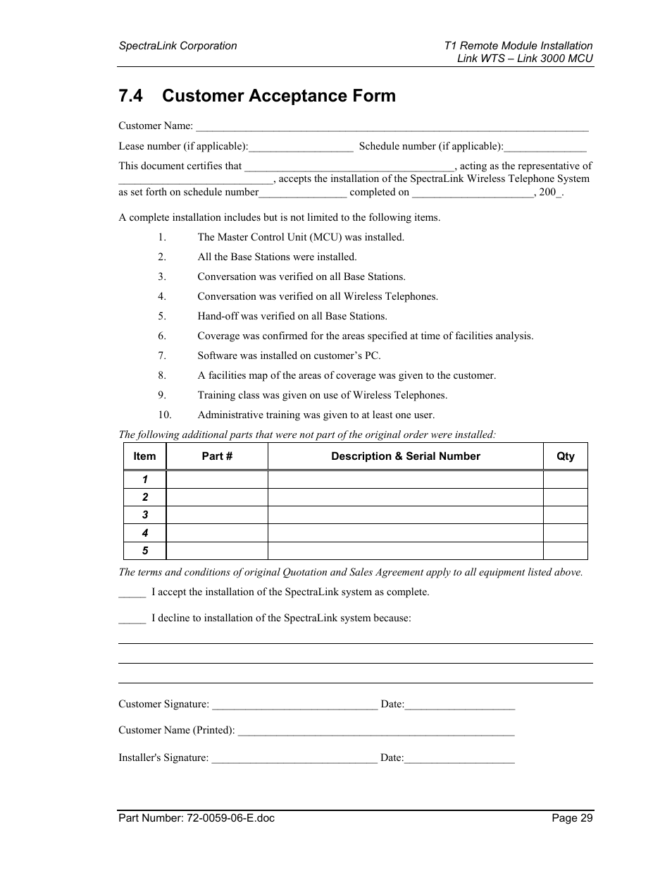 Customer acceptance form, 4 customer acceptance form | Texas Instruments 3000 MCU User Manual | Page 29 / 30